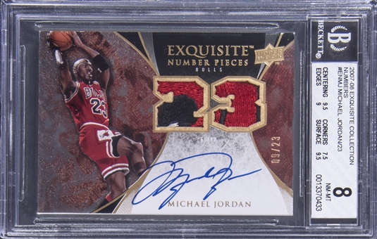2007-08 UD "Exquisite Collection" Number Pieces #ENMJ Michael Jordan Signed Game Used Patch Card (#09/23) – BGS NM-MT 8/BGS 10